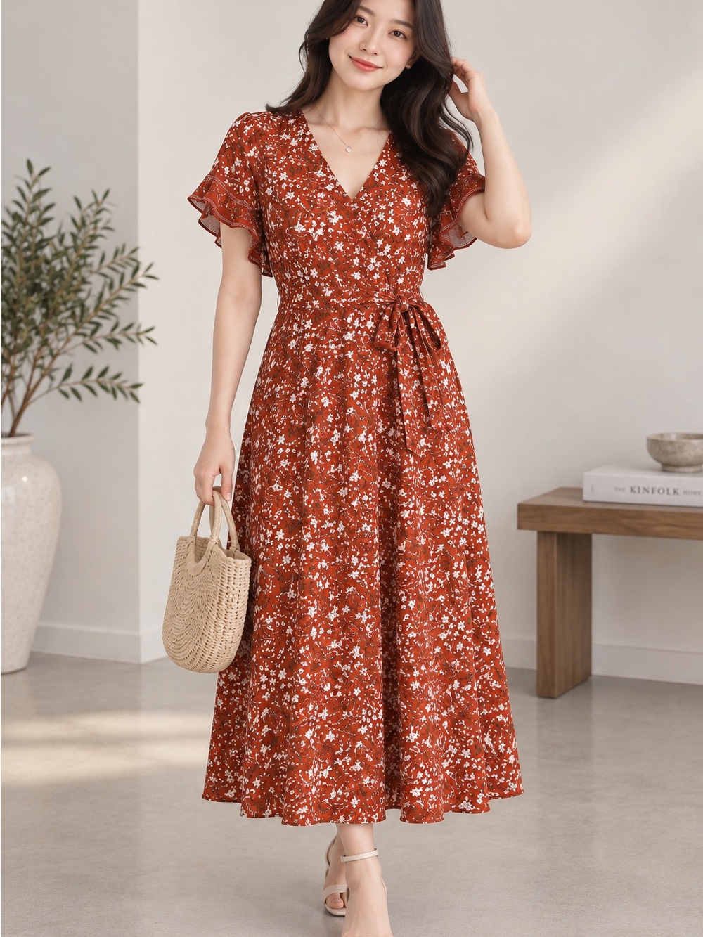 Max Studio Women’s Small Rust Floral Faux Wrap Midi Dress Flutter Sleeve